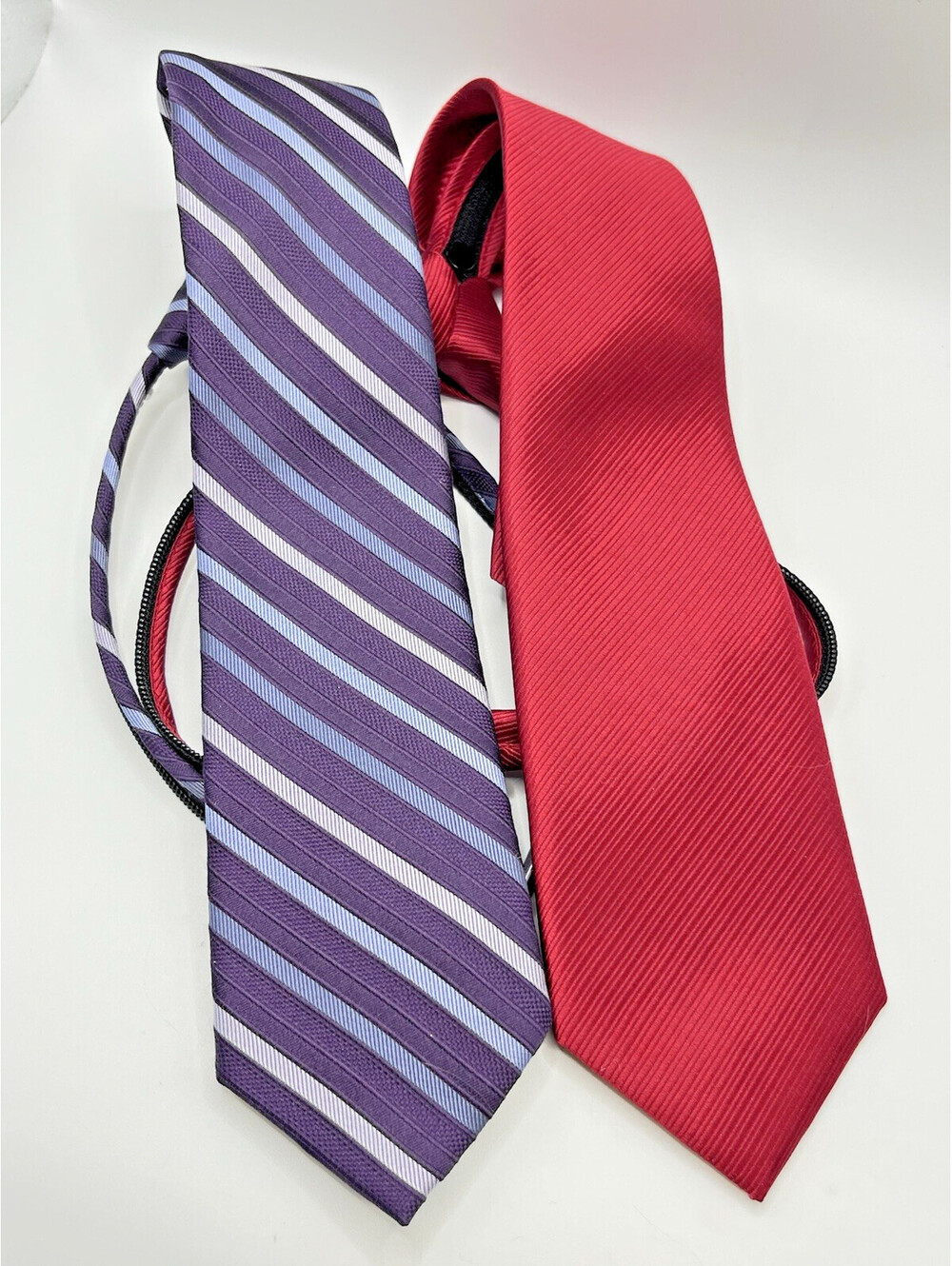 Zipper Tie Neck tie Boys Two pcs 100%  Red Solid Purple Stripe 2.5" x 14"